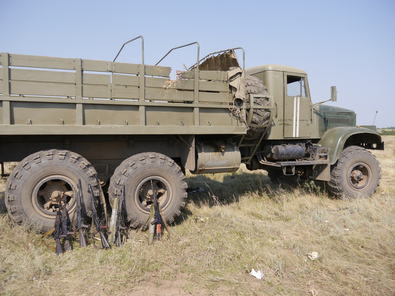 Captured ukrainian truck and AK automatic rifles