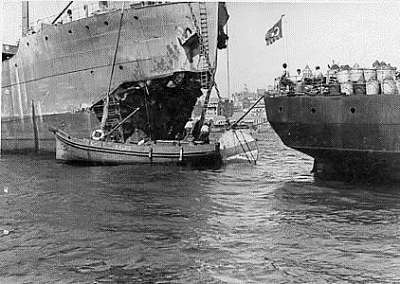 Friederike's damage after the L-4's torpedo attack. The end was near for the Axis forces and the ship was not repaired