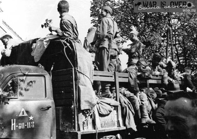photo WWII - 1st Soviet truck in Czeh town Pisek, 1945