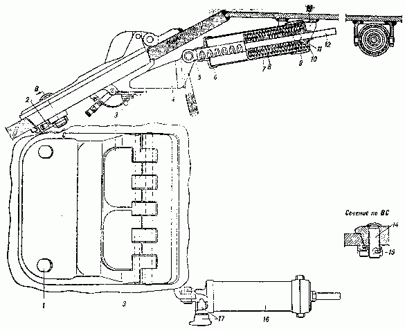 T-34 1— задрайки крышки; 2— самозапирающийся замок крышки; 3— броневая крышка смотрового прибора