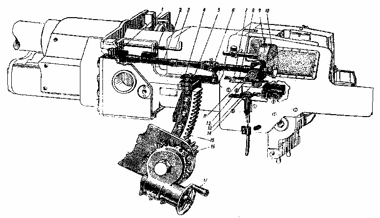 T-34 12— патрончик с электролампочкой; 13— маховичок углов прицеливания; 14— рычаг спуска; 14— сектор подъемного механизма; 16— шестерня; 17— ручка маховичка